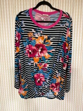 ODDY Black & White Striped Long-Sleeve Top with Floral Print and Pink Trim